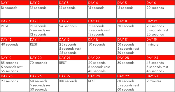 30 day wall sit workout challenge hold times for each day