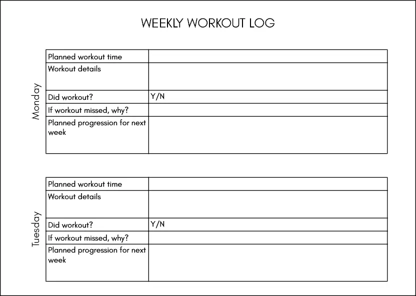 Weekly workout log PDF printable