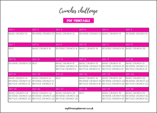Crunches challenge - 30 day ab challenge PDF printable